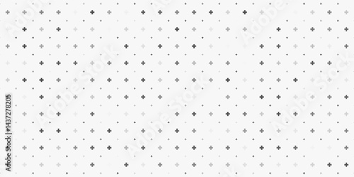Seamless background pattern of evenly spaced white plus symbols of different sizes and opacity. Vector illustration on teal background with stars