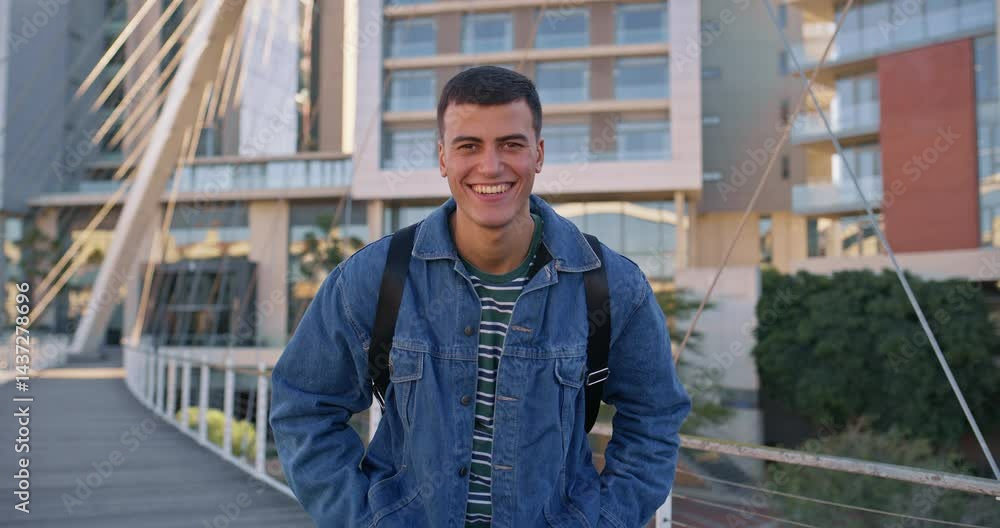 University student, man and smile with face in city, backpack or ready for education, bridge and progress. Person, campus and happy for scholarship, studying and development at college in Mexico University student, man and smile with face in city, backpack or ready for education, bridge and progress. Person, campus and happy for scholarship, studying and development at college in Mexico