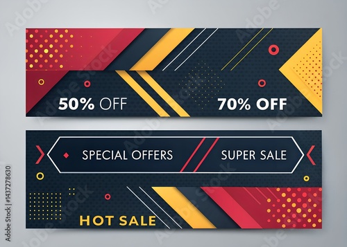 Modern Black Friday Sale Banners – Geometric Design, Red & Yellow Accents, Navy Background – 50% Off, 70% Off Promo