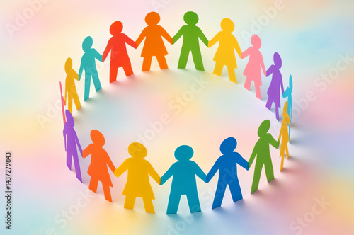 Paper people holding hands in a circle, symbolizing unity, teamwork, community, diversity. Perfect for social concepts, teamwork, collaboration, diversity.