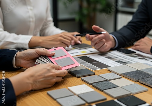 Wallpaper Mural People examining tile samples and design plans on a table during a design consultation meeting session Torontodigital.ca
