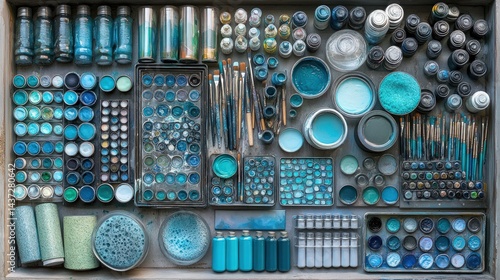 Teal Artists Palette A painters trove of blue hues brushes  jars arranged in organized chaos