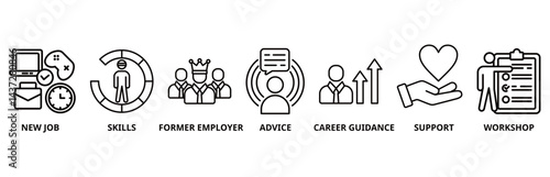 Outplacement icon set illustration contain new job, skills, former employer, advice, career guidance, support and workshop.