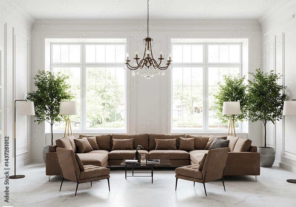 Fototapeta premium Living room with brown sectional sofa, chairs, chandelier, plants and large windows in a bright space