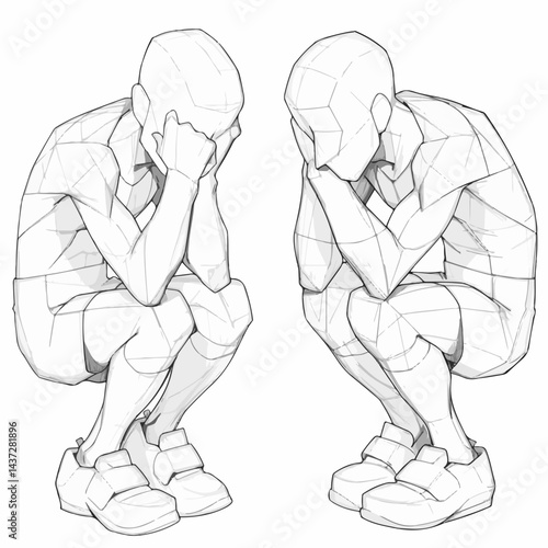Contemplative Seated Figures in Geometric Melancholy with Emotional Depth