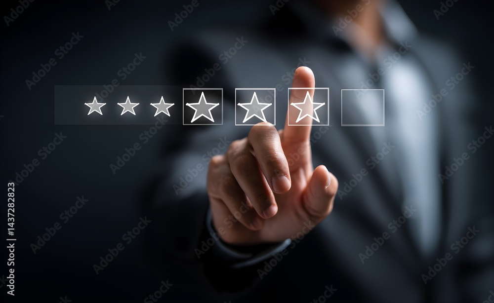 Businessman give 5 stars rating on virtual touch screen to service experience. Customer service and Satisfaction concept Businessman give 5 stars rating on virtual touch screen to service experience. Customer service and Satisfaction concept