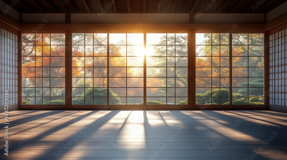 Tranquil Japanese room with autumn view Tranquil Japanese room with autumn view