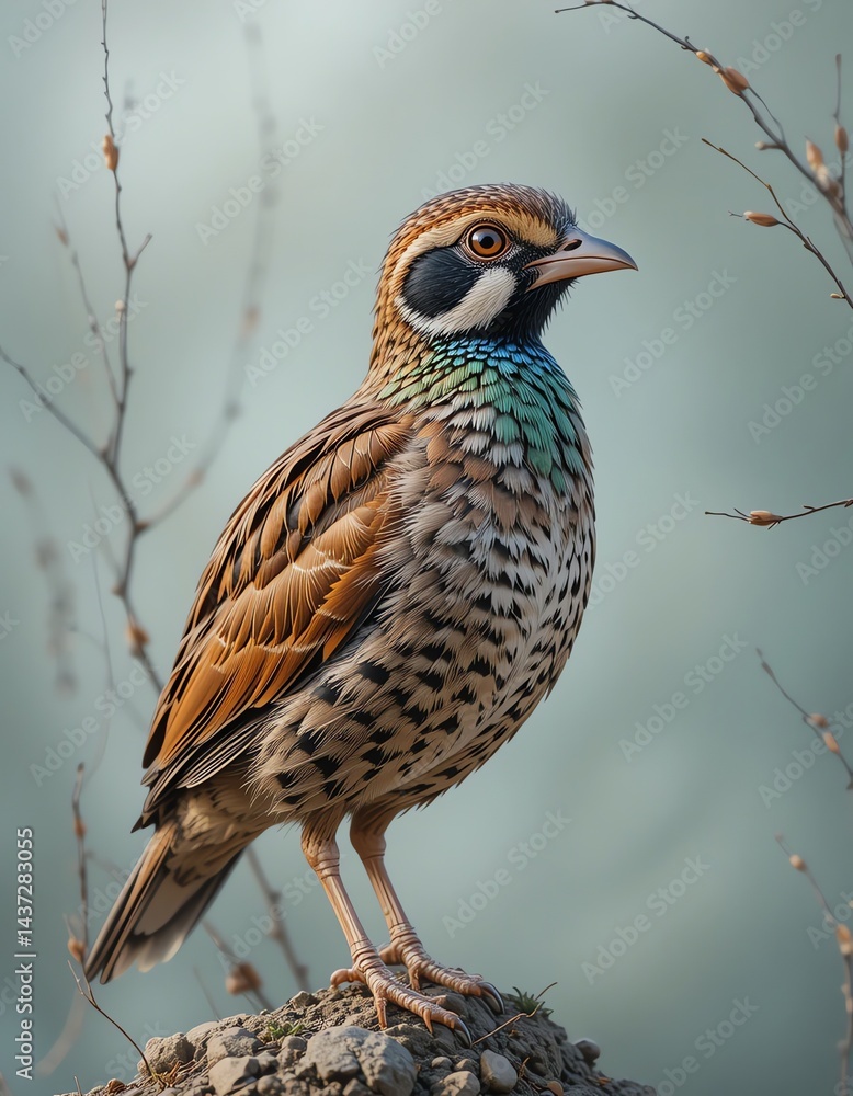 Fototapeta premium Standing Bird on Rock Perch with Colorful Feather Detail