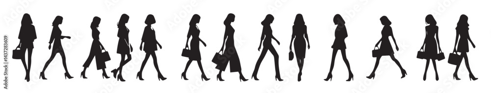 silhouettes of women standing and walking businesspeople, black color isolated on white background. silhouettes of women standing and walking businesspeople, black color isolated on white background.