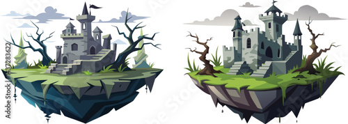 Ruins of an abandoned castle on a crumbling floating island, with vines wrapping around broken towers, in a dark fantasy vector art style