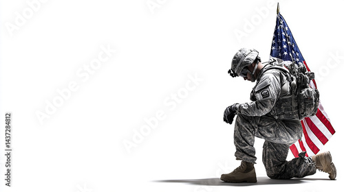a soldier kneeling with an American flag on a white background,