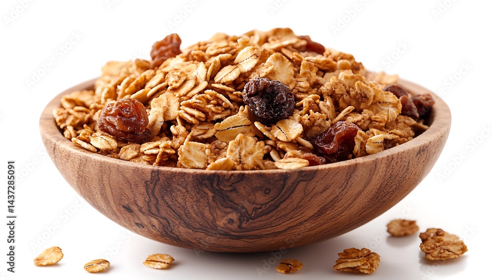 A wooden bowl overflows with golden granola and plump raisins A wooden bowl overflows with golden granola and plump raisins