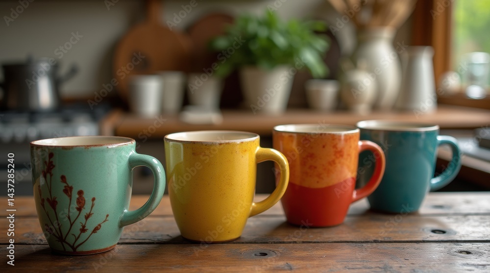 Obraz premium Assorted colorful ceramic mugs lined up on a rustic wooden table, each with different hues and hand-painted designs, creating a cheerful and inviting kitchen scene.
