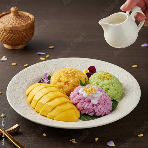 mango sticky rice, Thai dessert, Asian dessert, tropical dessert, 