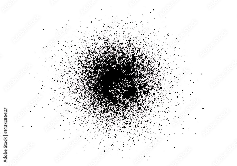 Black splatter design with varying density on a white background creating an abstract visual effect Black splatter design with varying density on a white background creating an abstract visual effect