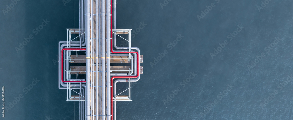 Aerial view industrial oil and gas pipeline system, Energy industry pipeline structure oil and gas refinery, Industrial pipeline system petrochemical plant refinery, Petrochemical pipeline network.