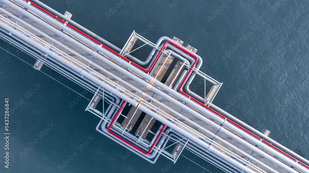 Aerial view industrial oil and gas pipeline system, Energy industry pipeline structure oil and gas refinery, Industrial pipeline system petrochemical plant refinery, Petrochemical pipeline network.