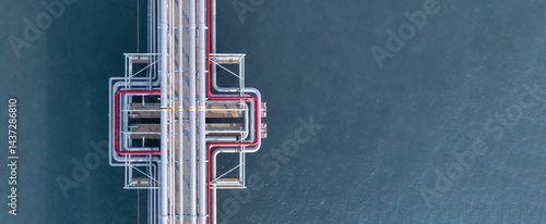 Obraz na płótnie Aerial view industrial oil and gas pipeline system, Energy industry pipeline structure oil and gas refinery, Industrial pipeline system petrochemical plant refinery, Petrochemical pipeline network. w salonie