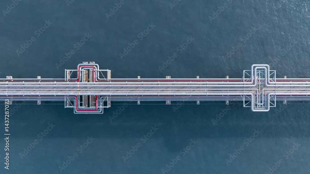 Aerial view industrial oil and gas pipeline system, Energy industry pipeline structure oil and gas refinery, Industrial pipeline system petrochemical plant refinery, Petrochemical pipeline network.