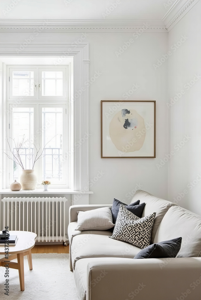 Fototapeta premium Bright Minimalist Scandinavian Living Room Interior with Neutral Sofa, Stylish Decor, and Natural Light