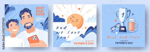 Fathers Day cards set featuring cute, fashionable hand-drawn illustrations of dad and son taking a selfie together, with a champion trophy, glasses and a beer, with Father's Day holiday wishes.