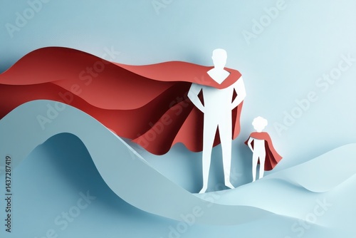 Father and son superhero illustration for fathers day and family love concept paper art design 3d render