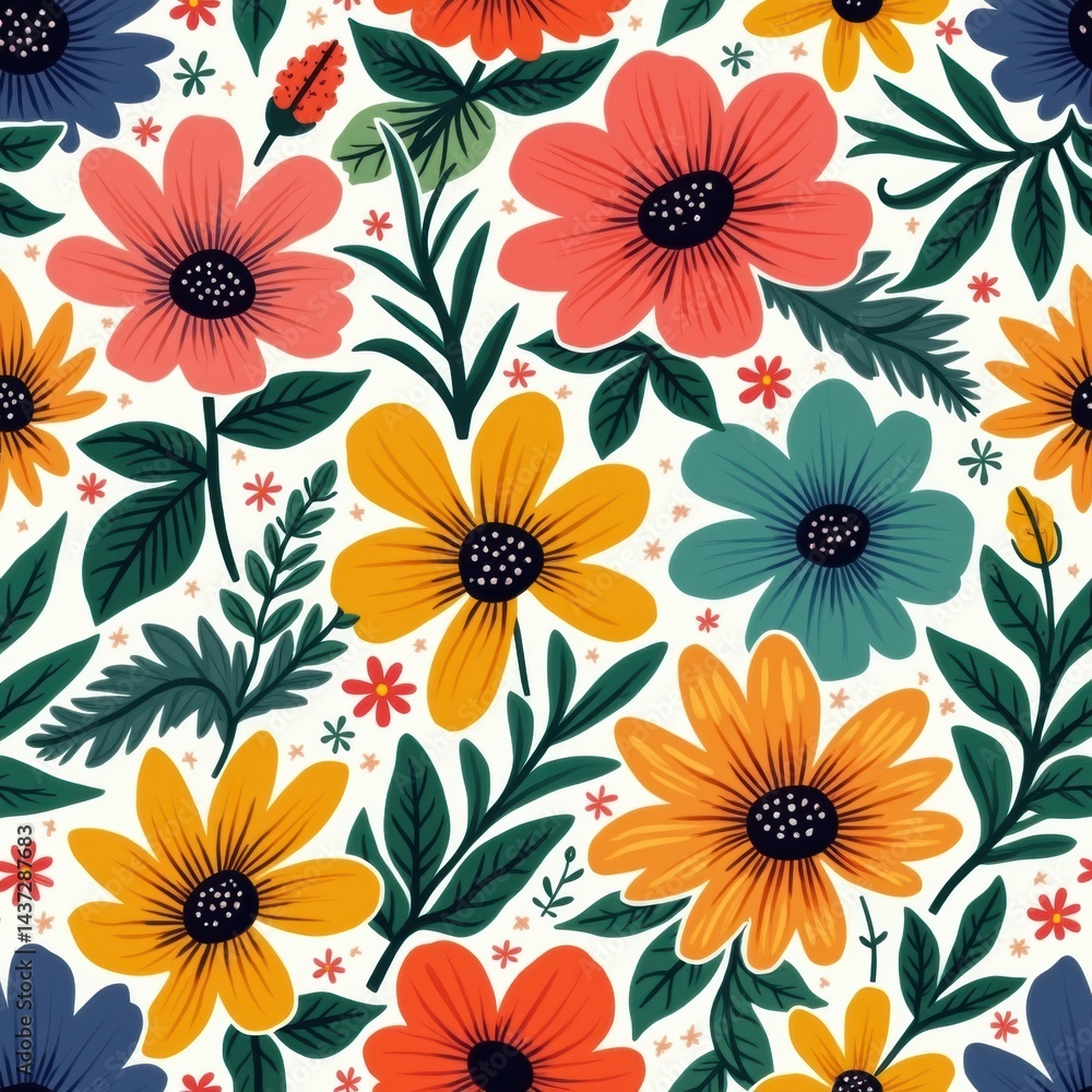 custom made wallpaper toronto digitalSeamless vibrant floral pattern with bold, colorful flowers and lush green leaves, arranged in a lively and energetic composition for fabric or wallpaper.
