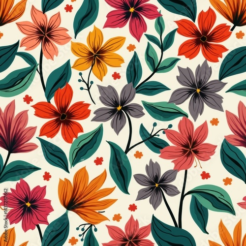 Wallpaper Mural Seamless vibrant floral pattern with bold, colorful flowers and lush green leaves, arranged in a lively and energetic composition for fabric or wallpaper.

 Torontodigital.ca