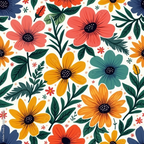 Wallpaper Mural Seamless vibrant floral pattern with bold, colorful flowers and lush green leaves, arranged in a lively and energetic composition for fabric or wallpaper.

 Torontodigital.ca