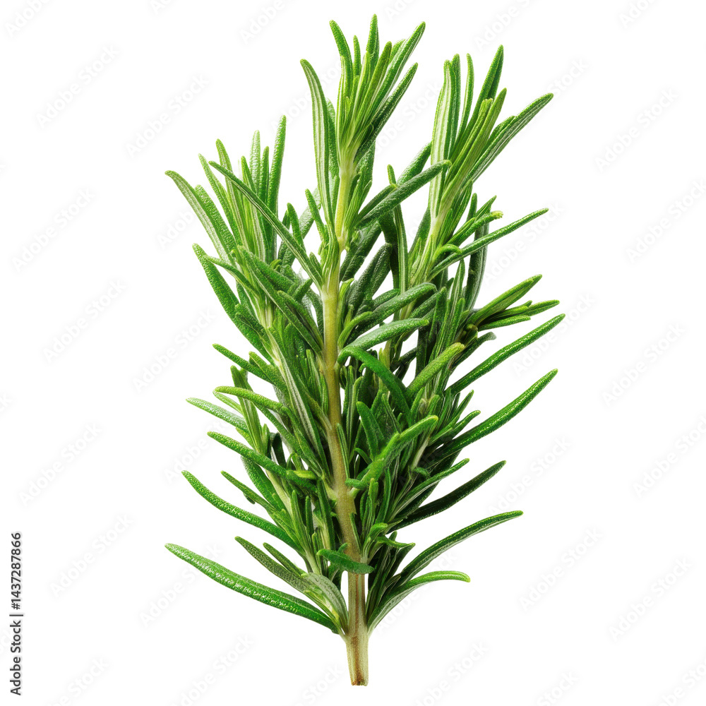 Obraz premium Single rosemary sprig is isolated on pure transparency background, showcasing its vibrant green color and detailed texture. fresh herb is perfect for culinary use or as garnish