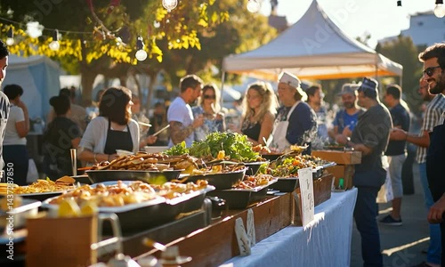 Vibrant outdoor food market scene with diverse people enjoying gourmet dishes and lively atmosphere