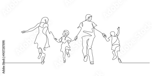 family walking together holding hands line art minimalism. happy mom dad and children relaxation carefree one line drawing illustration