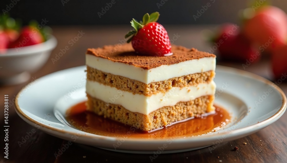 Individual serving of tiramisu, showcasing rich texture and layers , coffee, top view, dessert Individual serving of tiramisu, showcasing rich texture and layers , coffee, top view, dessert