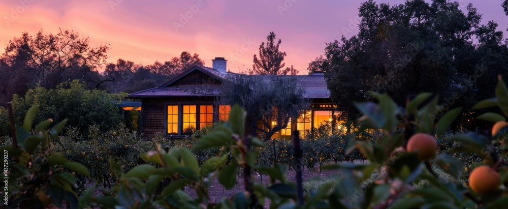 Fototapeta premium A serene twilight envelopes a cozy country home amid flourishing fruit trees in a tranquil setting. Twilight Country Home