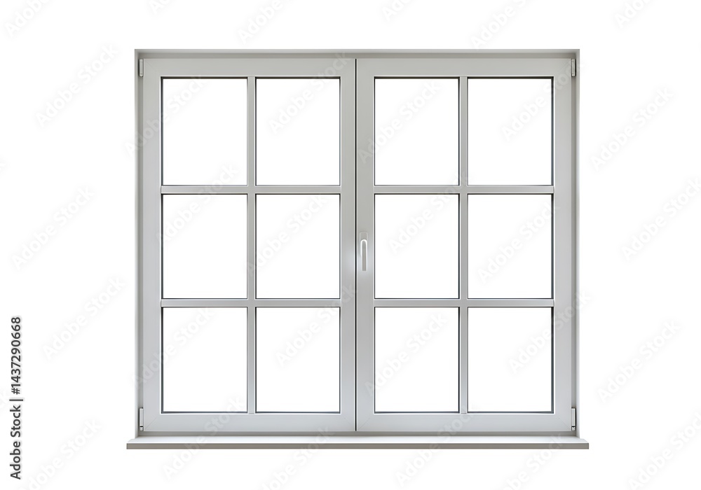 A closed white window with eight panes and a handle centered on a white background in a studio shot A closed white window with eight panes and a handle centered on a white background in a studio shot