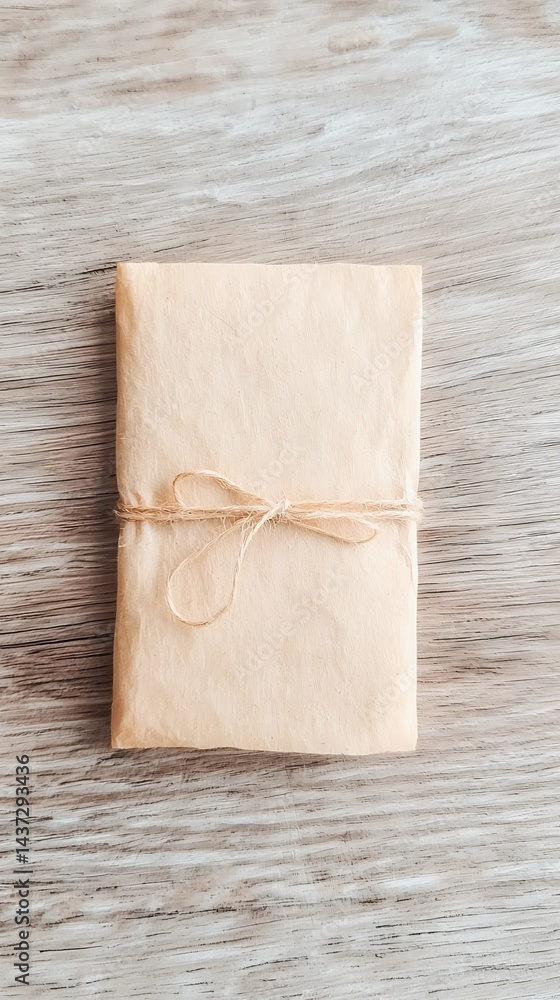 Beige Gift Wrapped in String on Wooden Table Beige Gift Wrapped in String on Wooden Table