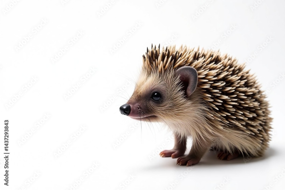 Close-up of a single hedgehog against a stark white backdrop, animal photography, background Close-up of a single hedgehog against a stark white backdrop, animal photography, background