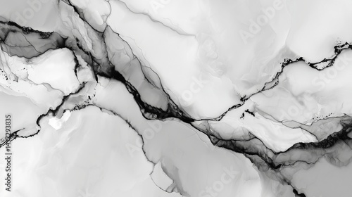 White marble texture with flowing black and gray veins creating a modern, elegant, and natural abstract design