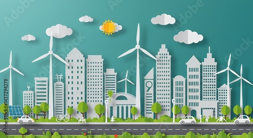 Eco Friendly Cityscape Sustainable Urban Design with Wind Turbines and Green Spaces   Ideal for Environmental Reports Sustainability Presentations and Green Technology Marketing
