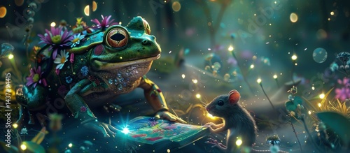 In a mystical, glowing forest, a frog adorned in flowers reads a book to a mouse. Enchanted Forest Reading