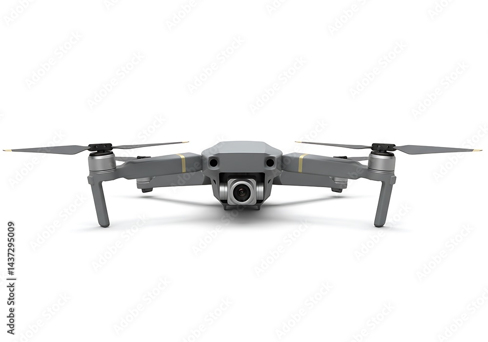 A gray drone with propellers and a camera facing forward on a white background in a studio shot A gray drone with propellers and a camera facing forward on a white background in a studio shot