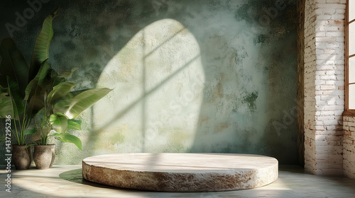 Natural product presentation scene with stone pedestal with rough edges with potted leafy plants, against textured green walls and exposed rock windows.