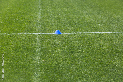 Blue cone, green grass and white lines on a sporting field