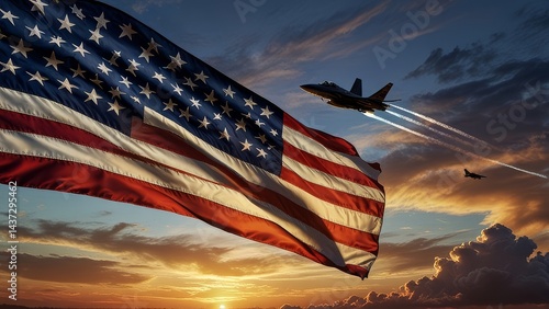 american flag  with fighter jets flying