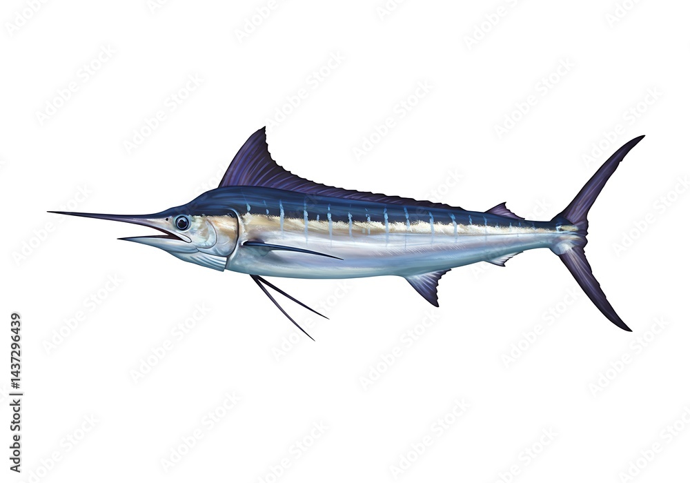 Fototapeta premium Illustration of a blue marlin fish with a long bill on a white background in side profile view