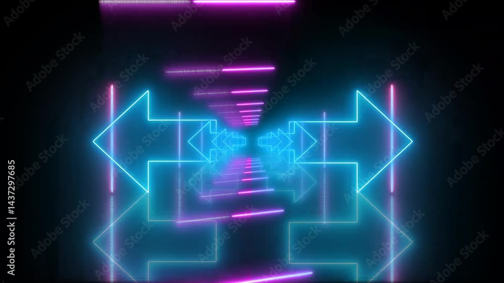 glowing arrows symbol , neon tunnel infinitive visual loop , construction, glowing arrows symbol , neon tunnel infinitive visual loop , construction,