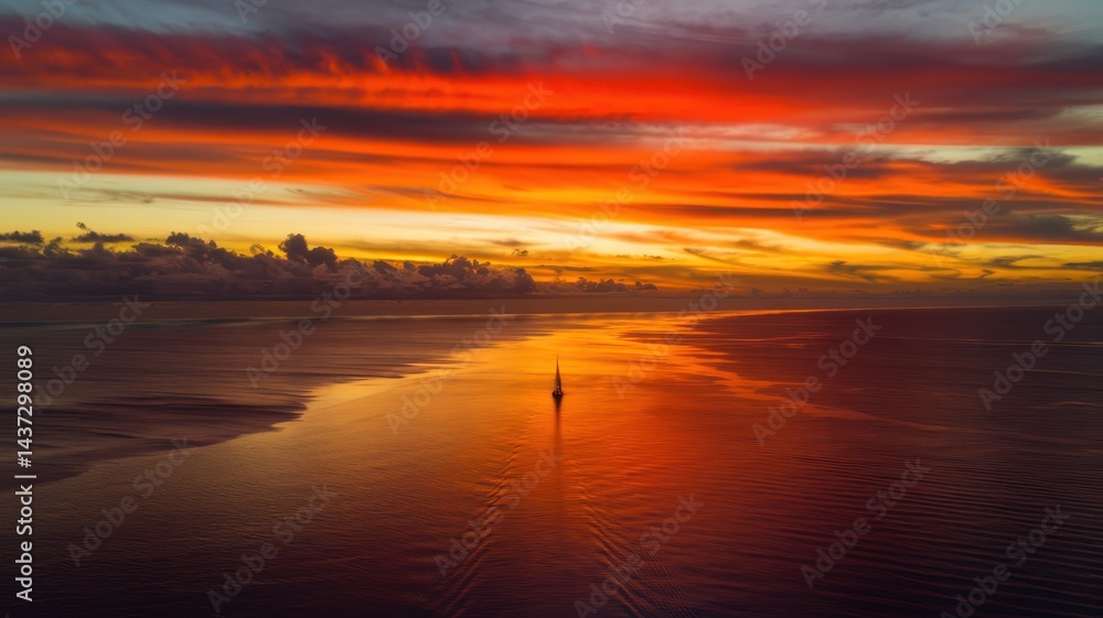 Obraz premium Seascape at sunset with lone ship under glowing sky and layered clouds