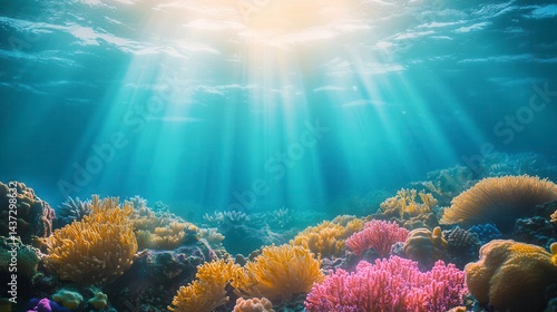 Fototapeta Naklejka Na Ścianę i Meble -  Sunbeams illuminate vibrant coral reef underwater.