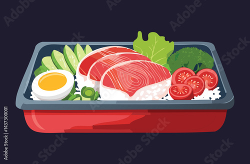 fresh salmon rice and vegetables bento - vector illustration