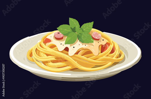 Pasta Carbonara on Plate - Vector Illustration